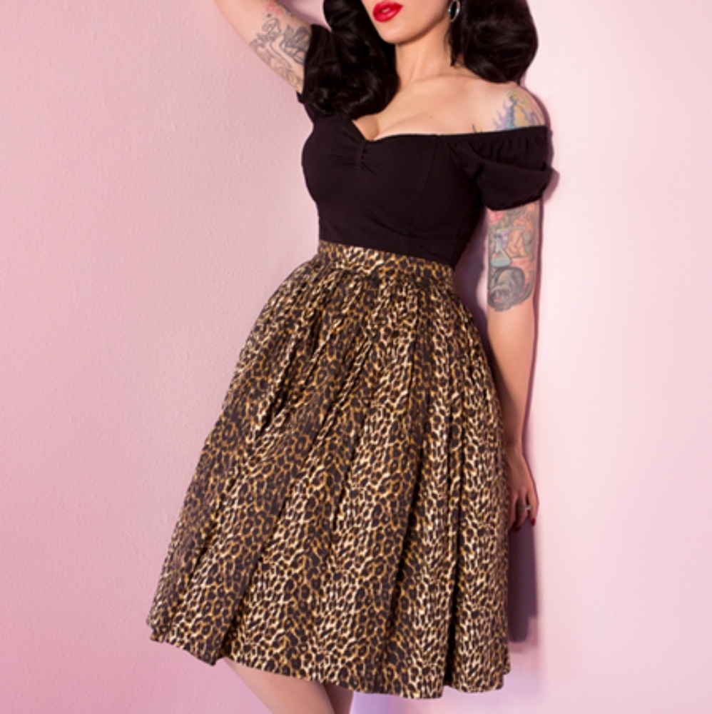 Vixen by Micheline Pitt Leopard Swing Gathered Skirt Size Medium EUC